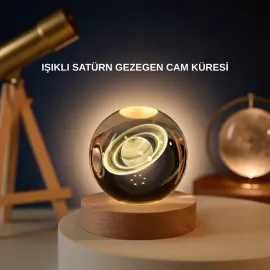 Satürn Gezegenli Kristal Küre Led Lamba Usb’Li Ahşap Standlı